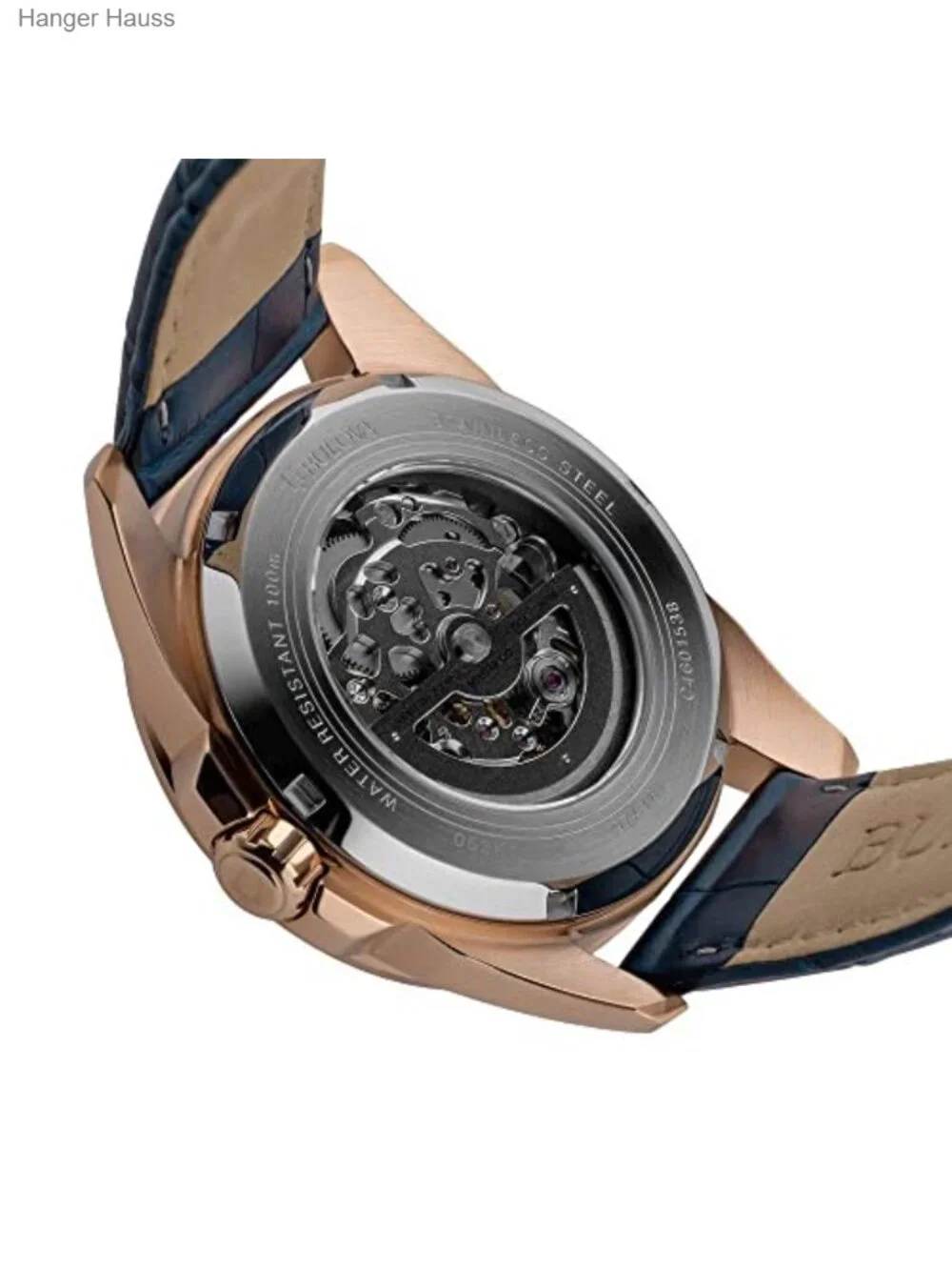 Men's Automatic Skeleton Watch 43mm Rose Gold Stainless Steel Leather Strap 100M